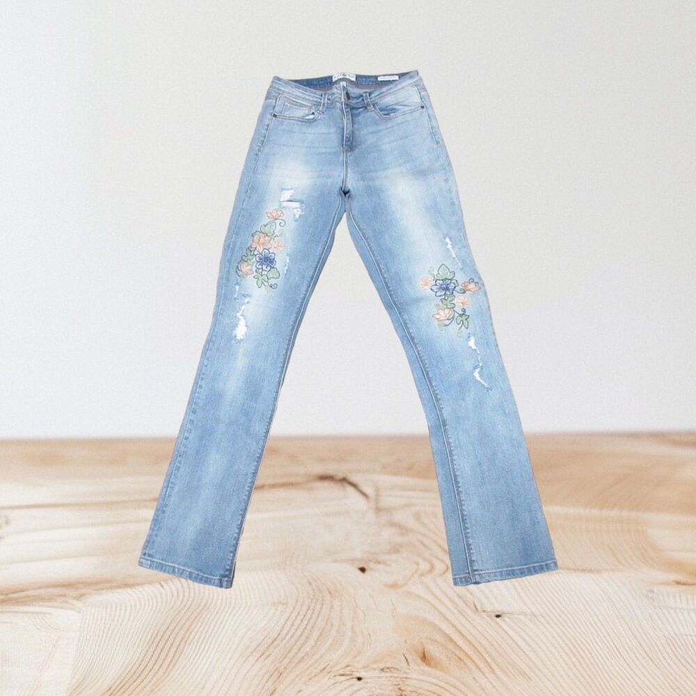 Black Daisy Junior Jeans Blue Floral Destressed Trim Cotton Blend Size 05/ 27